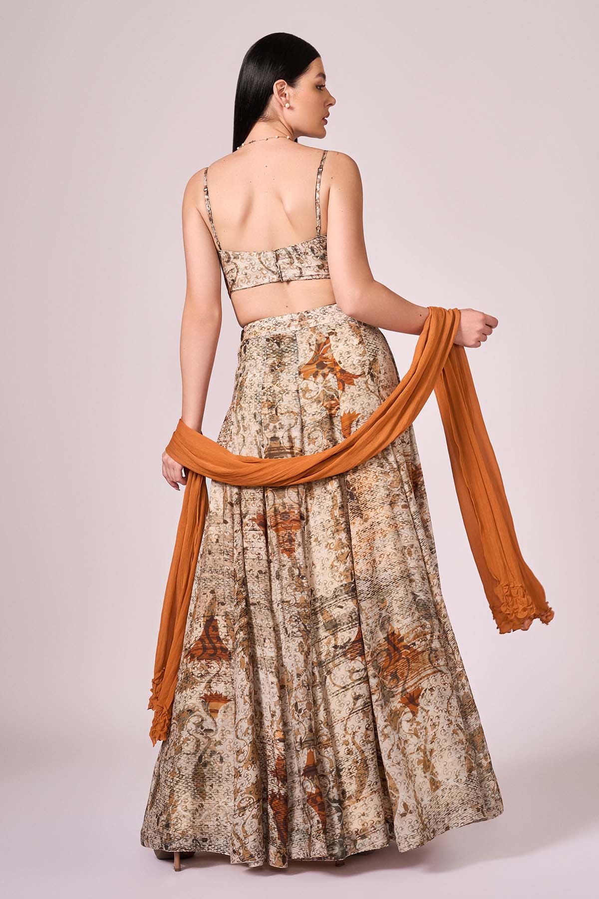 Brown Abstract Print Lehenga Set
