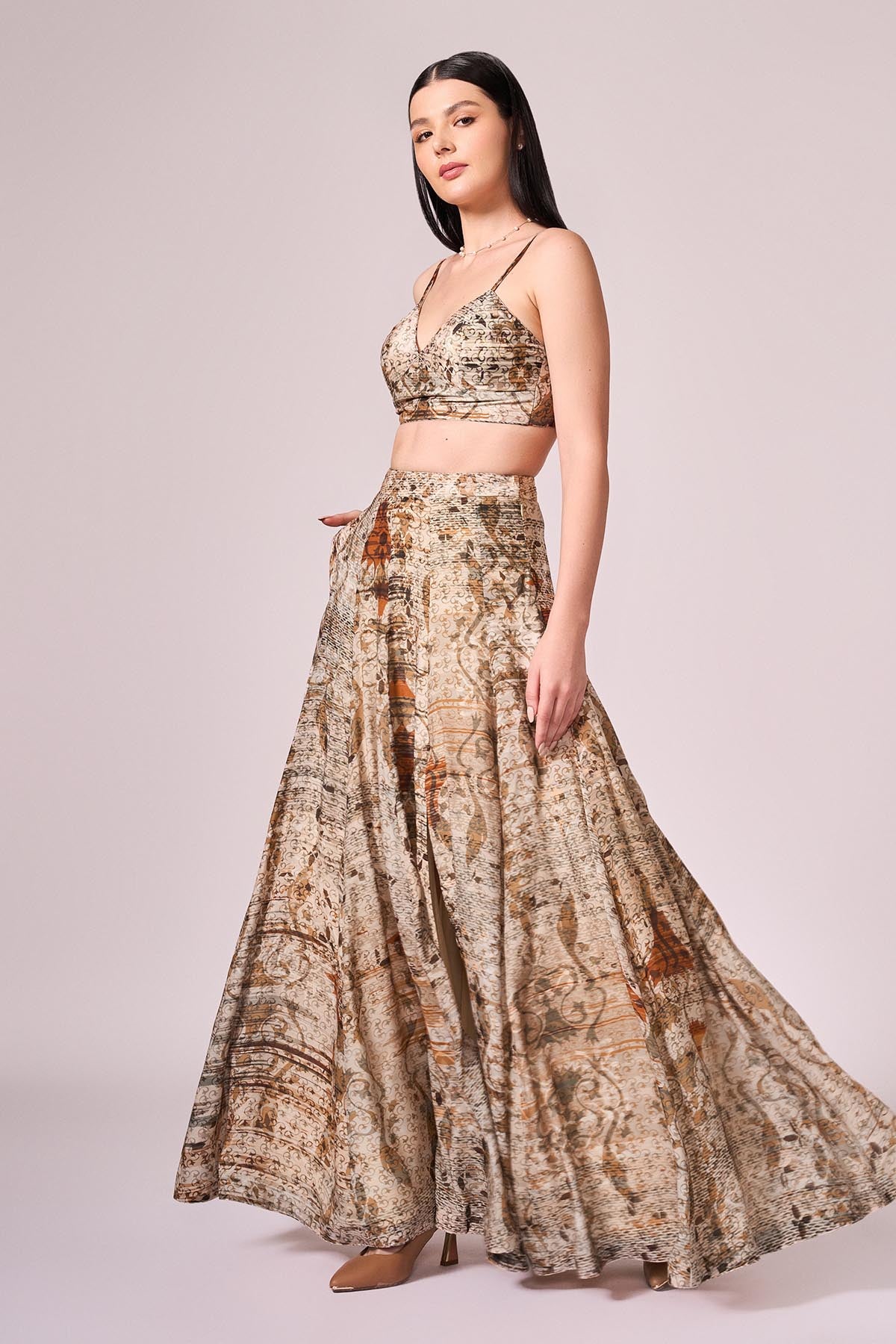 Brown Abstract Print Lehenga Set