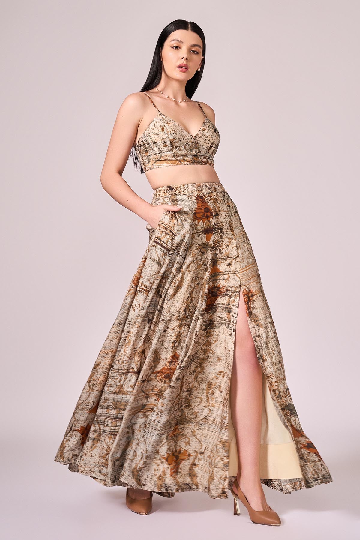 Brown Abstract Print Lehenga Set