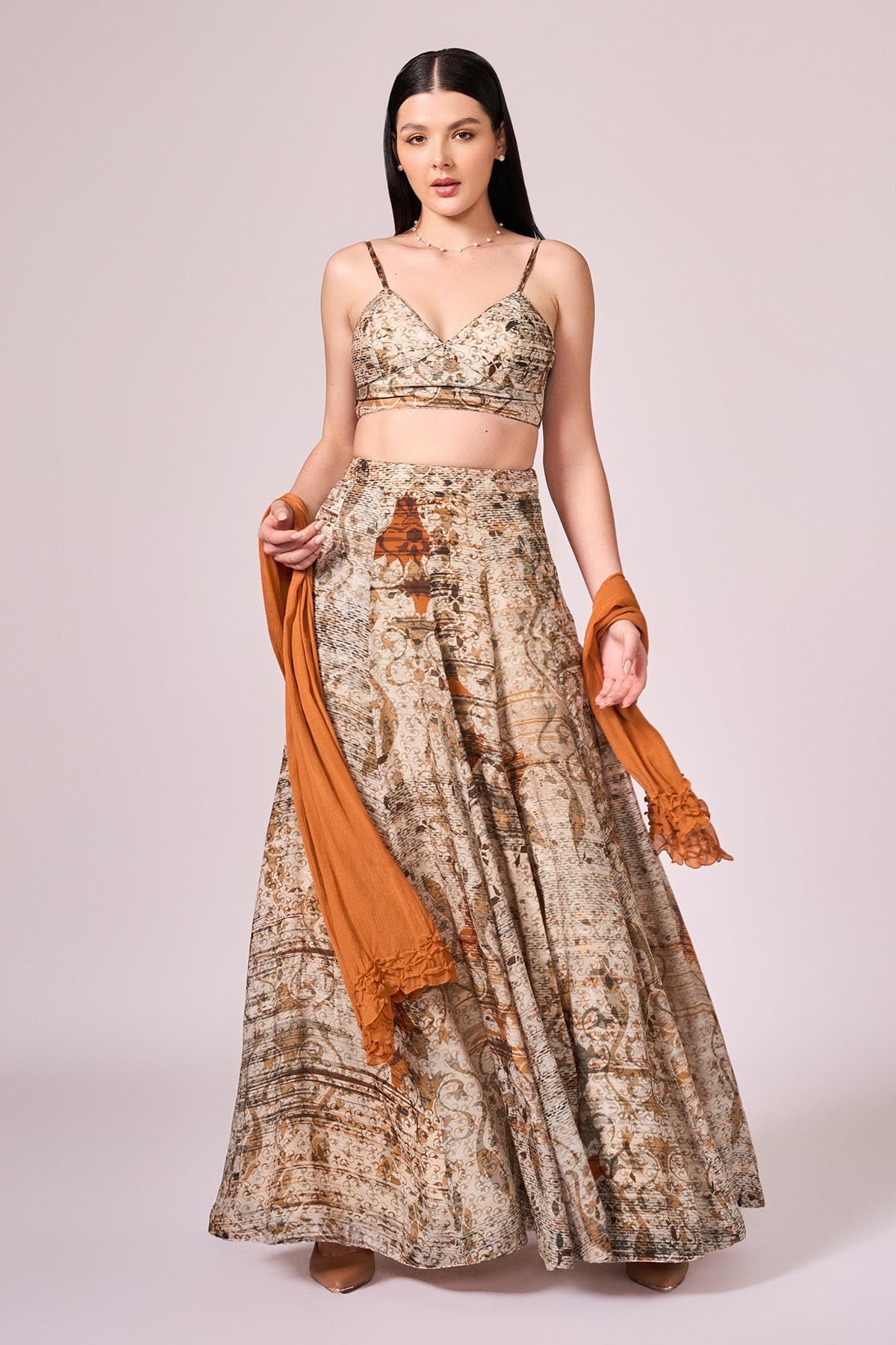 Buy Brown Abstract Print Lehenga Set by Koswi for women online at ScrollnShops