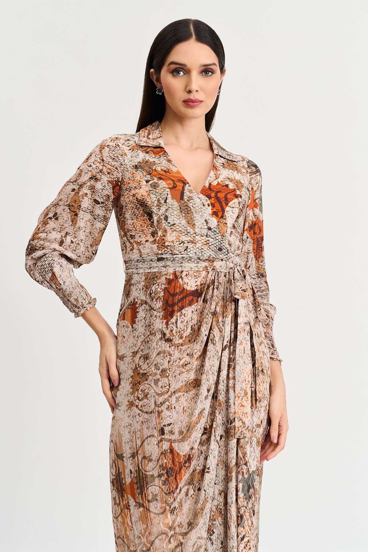 Brown Abstract Print Midi Dress
