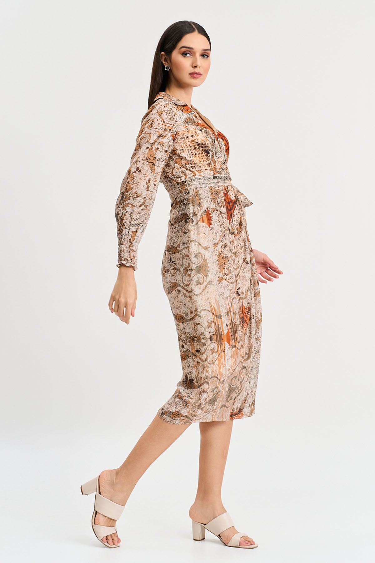 Brown Abstract Print Midi Dress