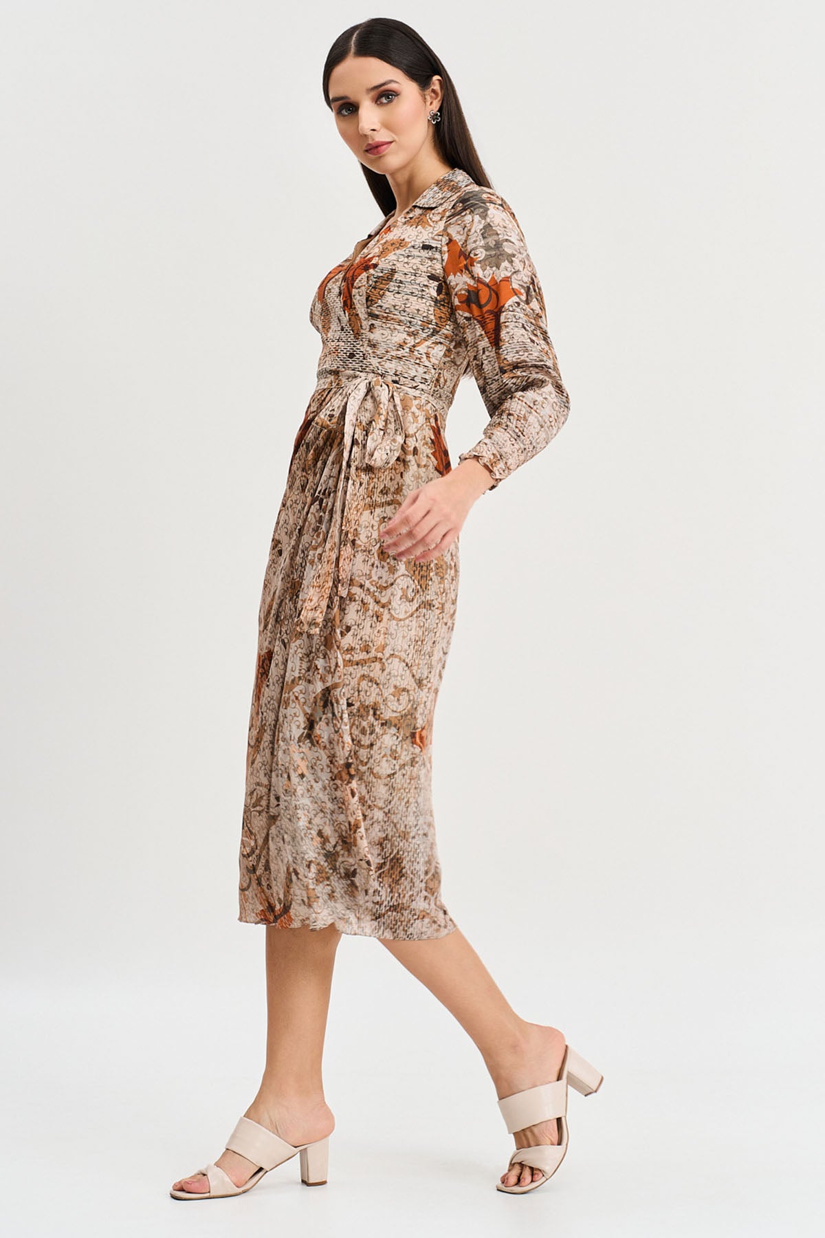 Brown Abstract Print Midi Dress