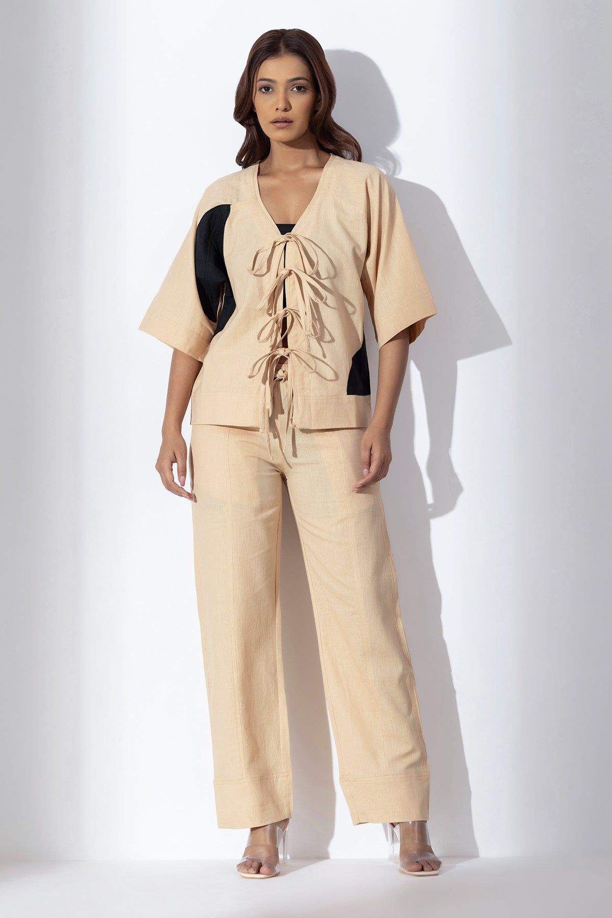 Brown Applique Work Tie-Up Top