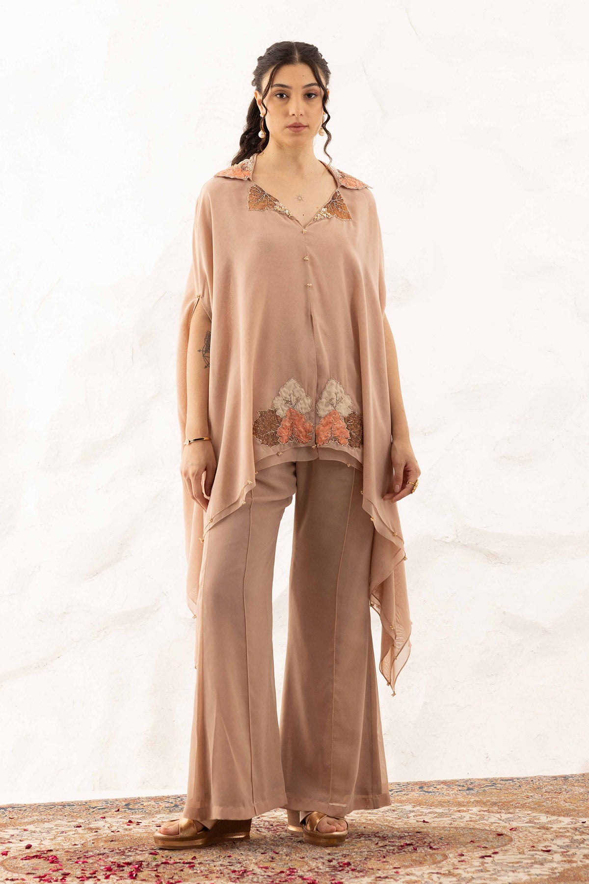 Brown Applique Work Top & Pants