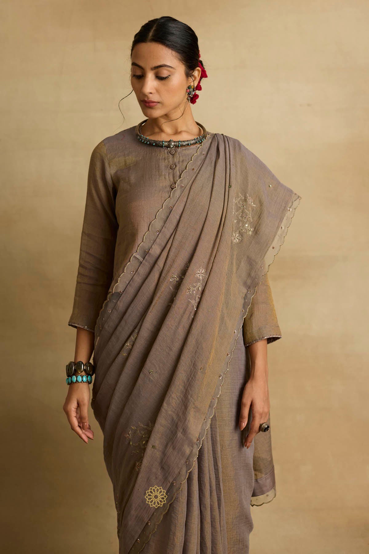 Brown Ari Zardozi Saree Set