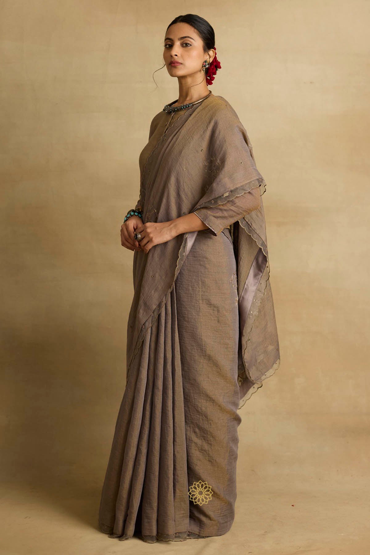 Brown Ari Zardozi Saree Set