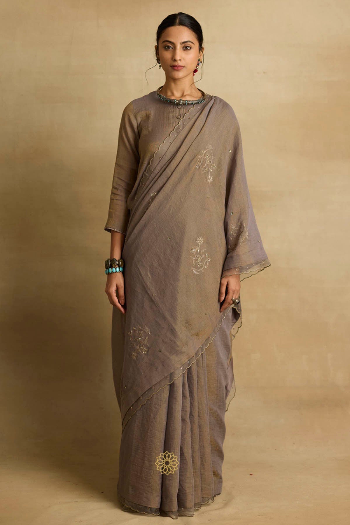 Rhua Brown Ari Zardozi Saree Set for women online at ScrollnShops