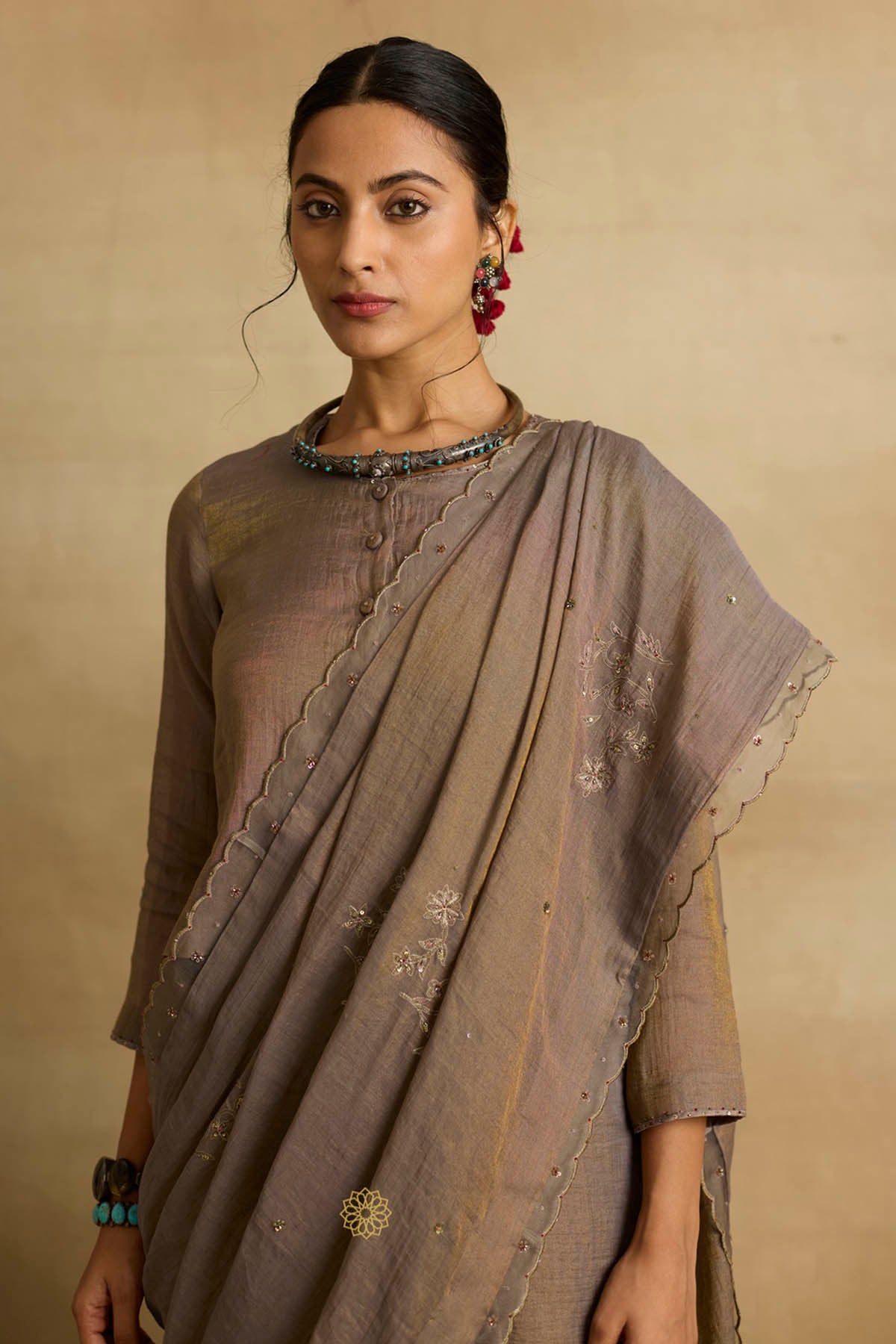 Brown Ari Zardozi Saree Set