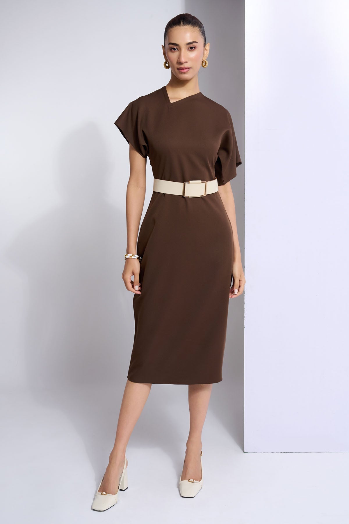 Vanten Brown Asymmetrical Neck Dress for women online at ScrollnShops