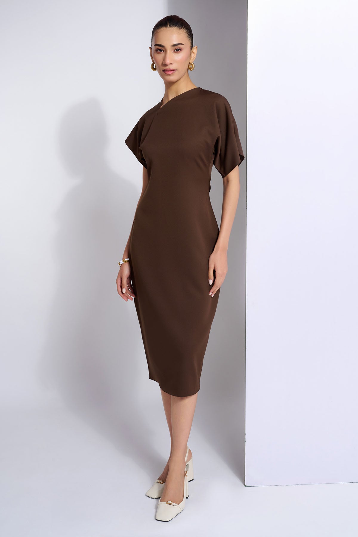 Brown Asymmetrical Neck Dress