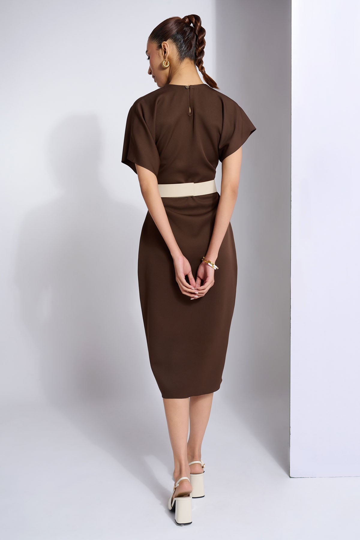 Brown Asymmetrical Neck Dress