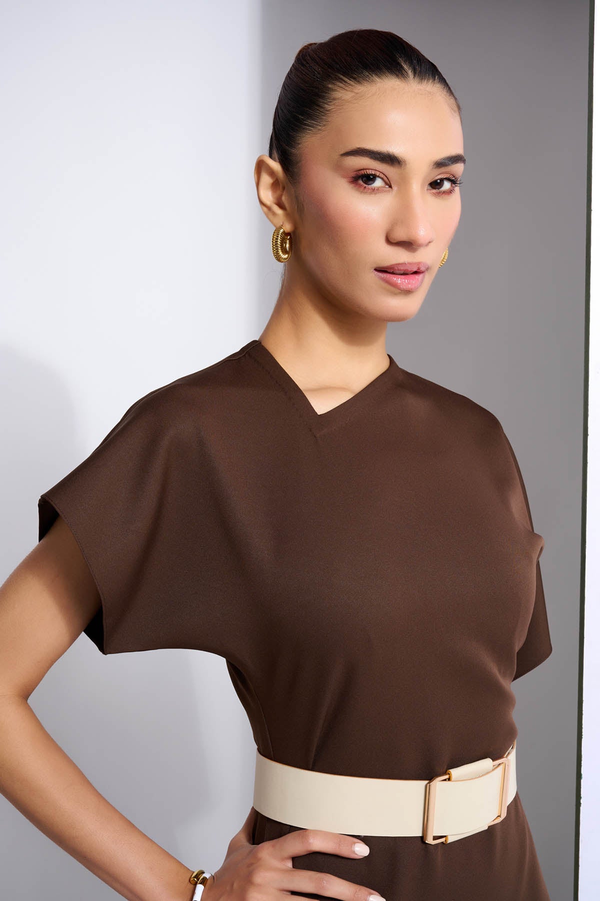 Brown Asymmetrical Neck Dress