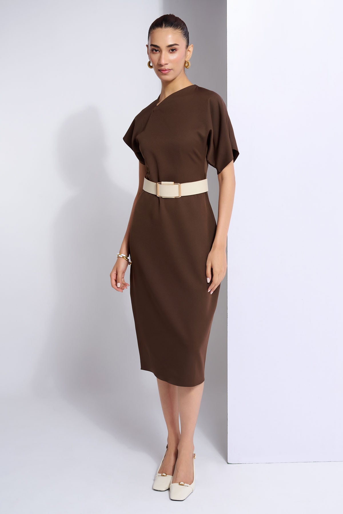 Brown Asymmetrical Neck Dress