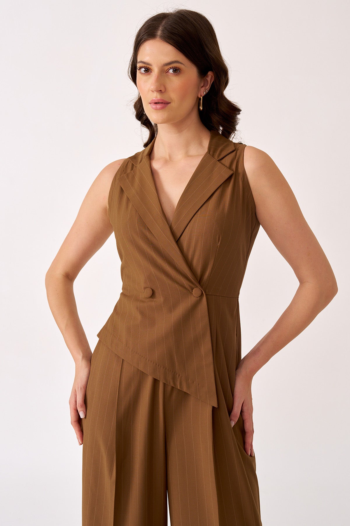 Brown Asymmetric Wrap Jumpsuit