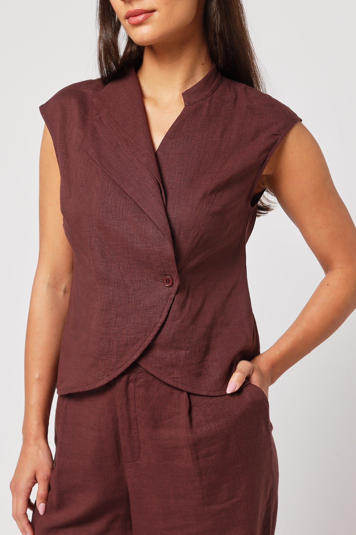 Brown Asymmetrical Collar Top