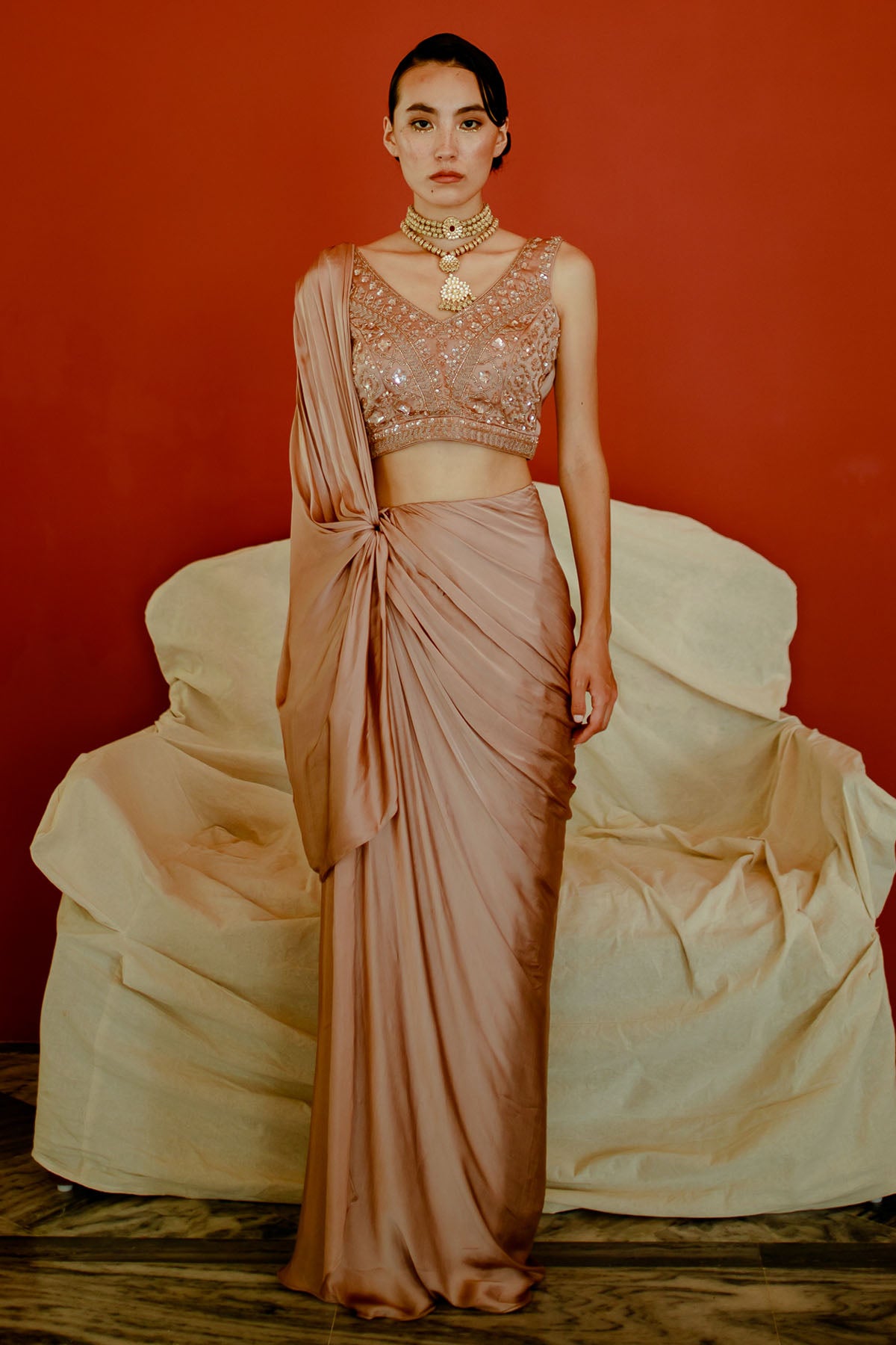 Brown Attached Drape Saree Set