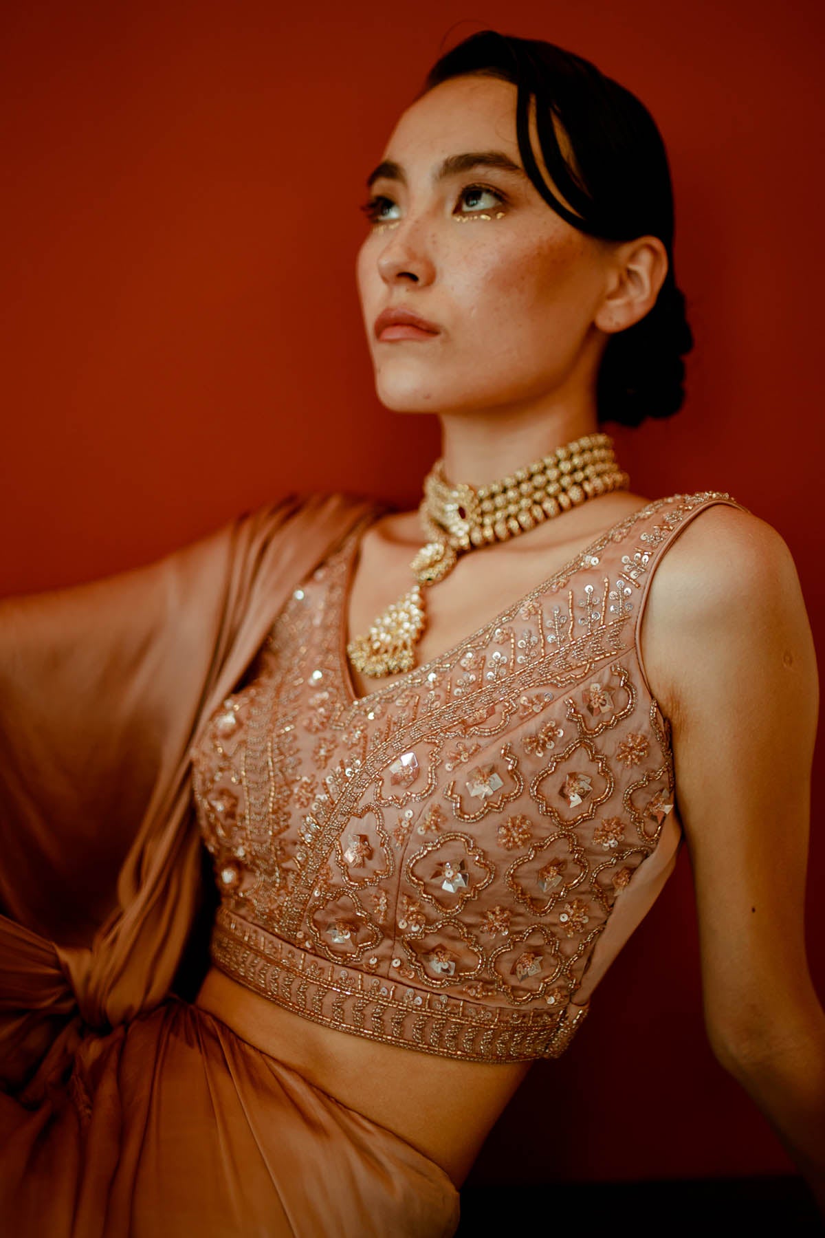 Brown Attached Drape Saree Set