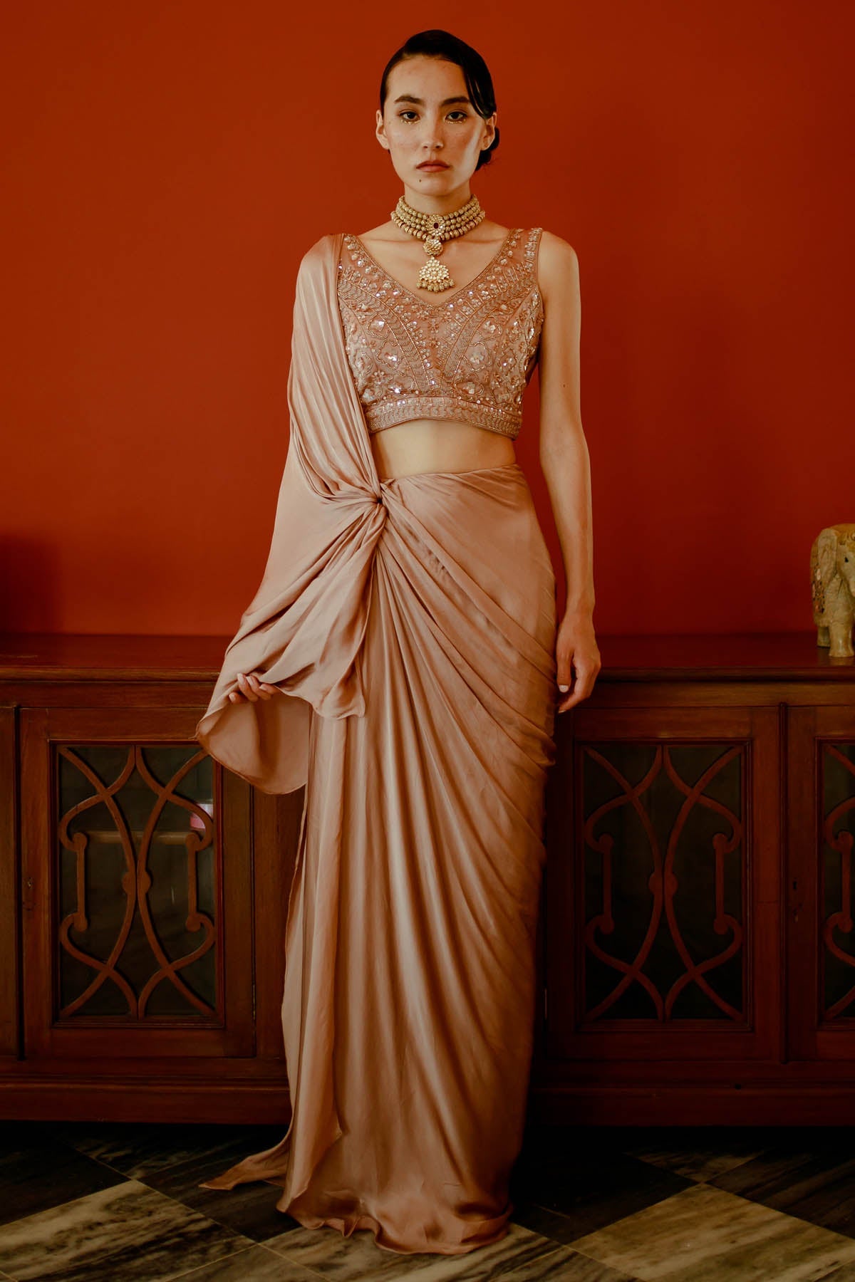 Pavone Brown Attached Drape Saree Set for women online at ScrollnShops