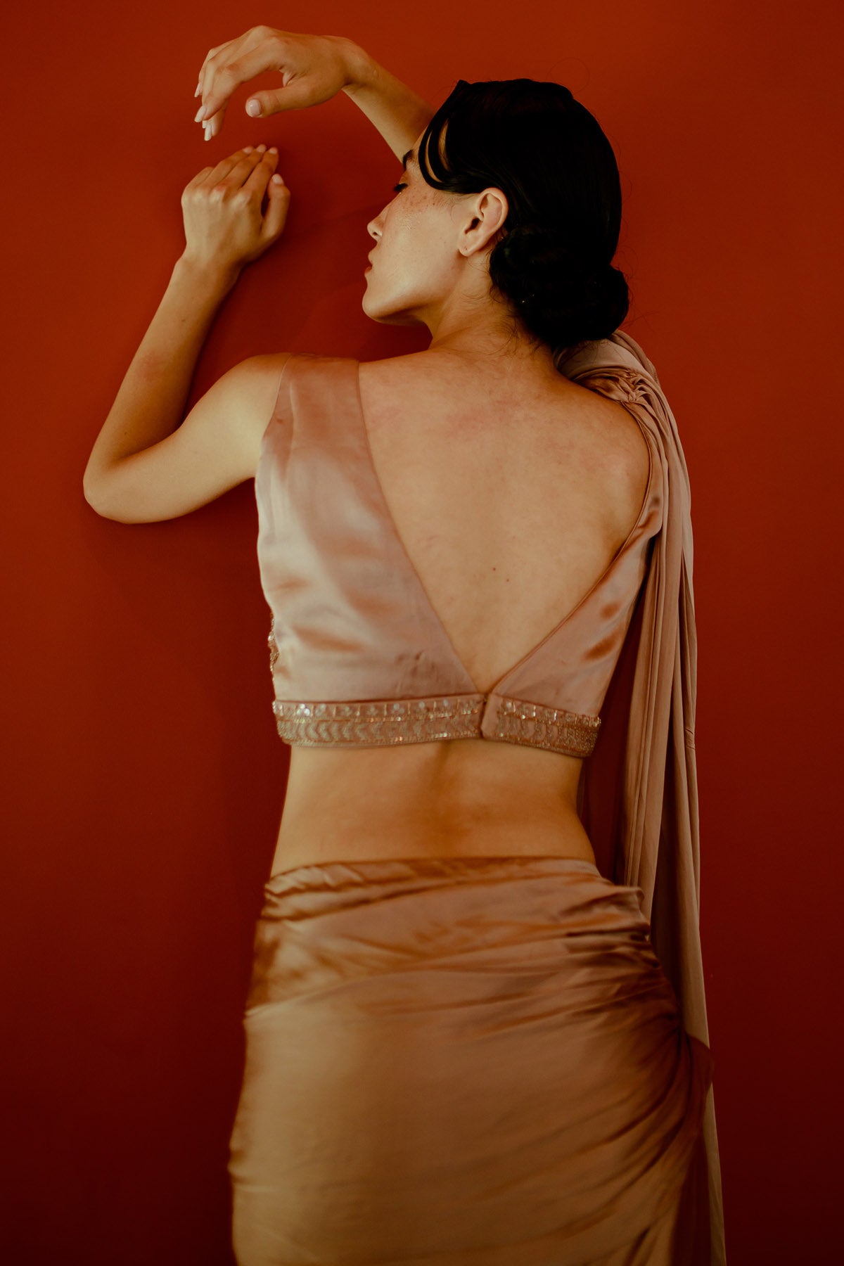 Brown Attached Drape Saree Set