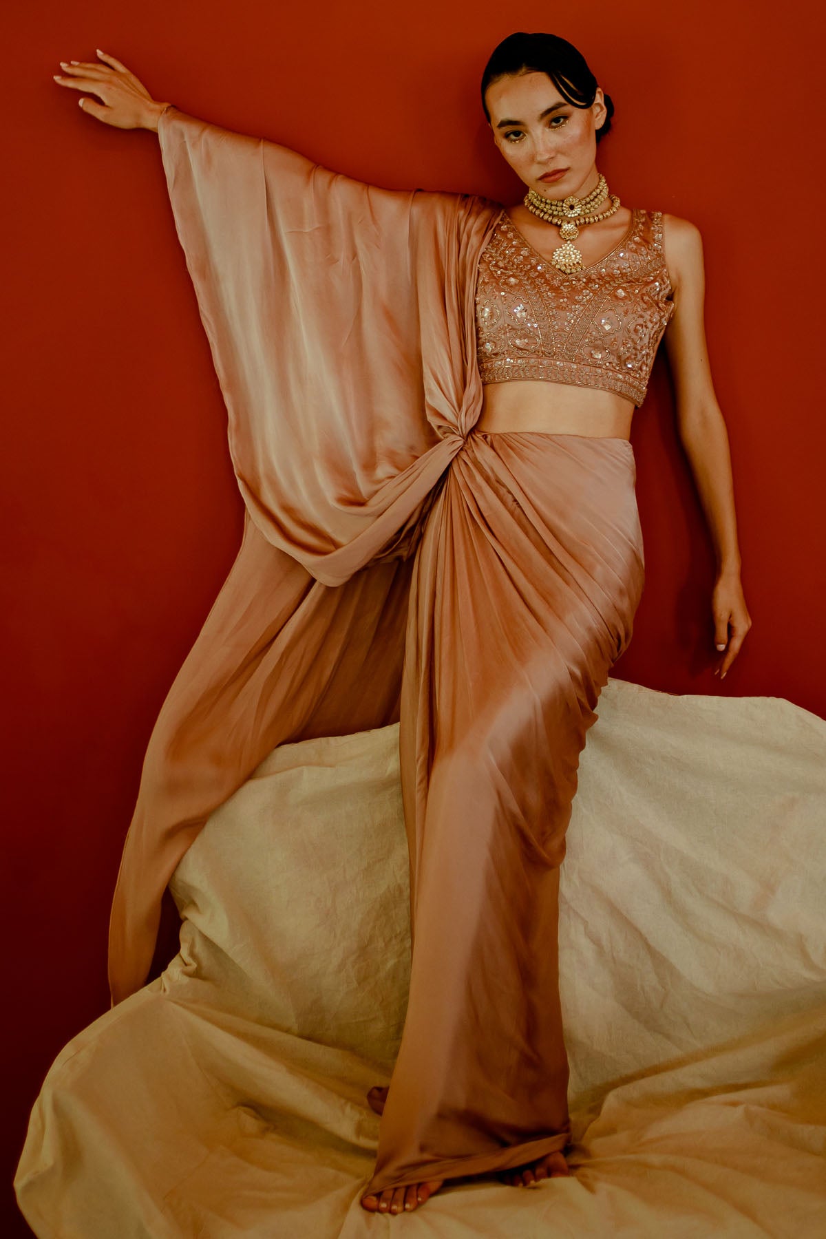 Brown Attached Drape Saree Set