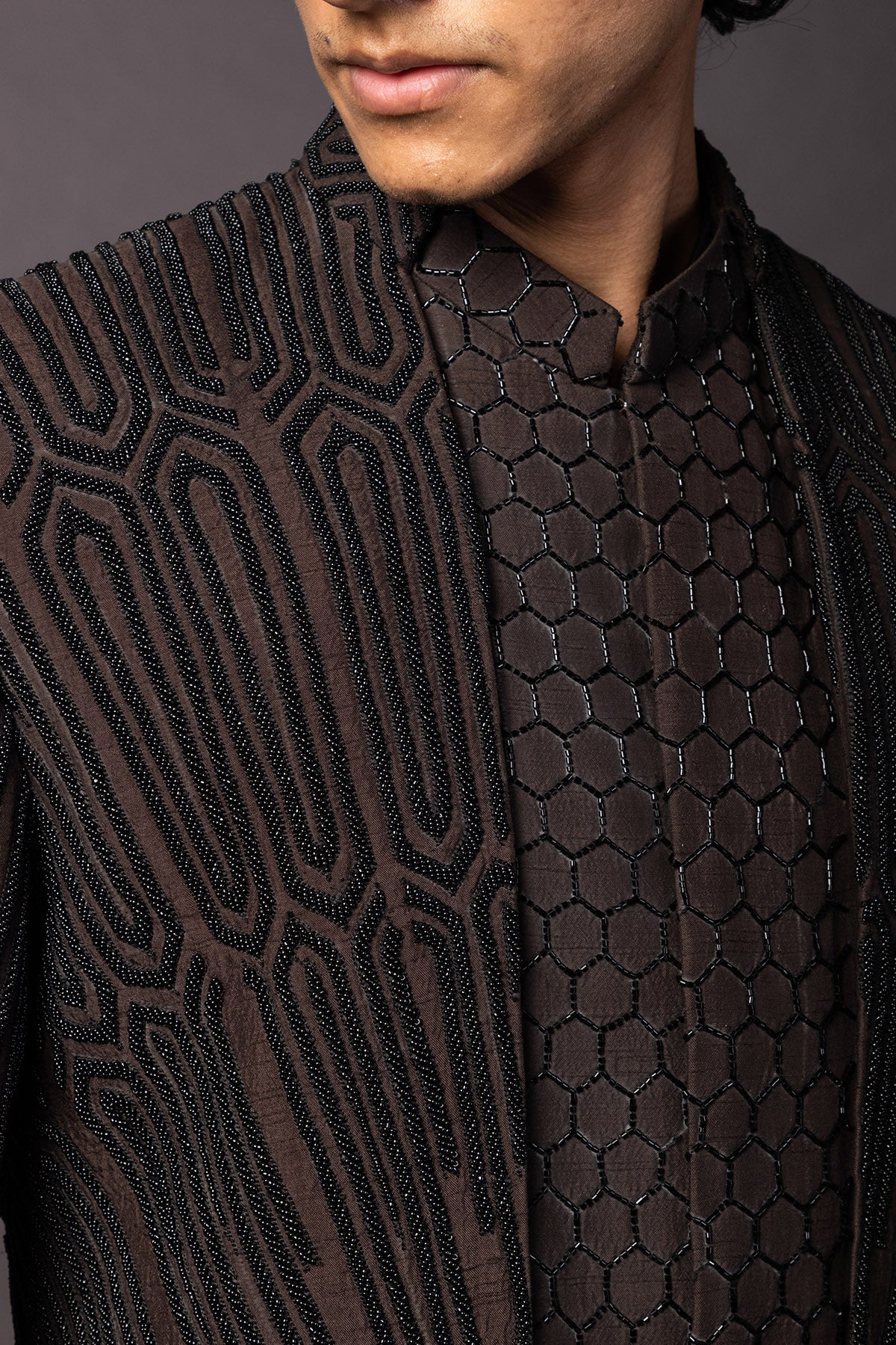 Brown Bamsilk Moti Achkan Set