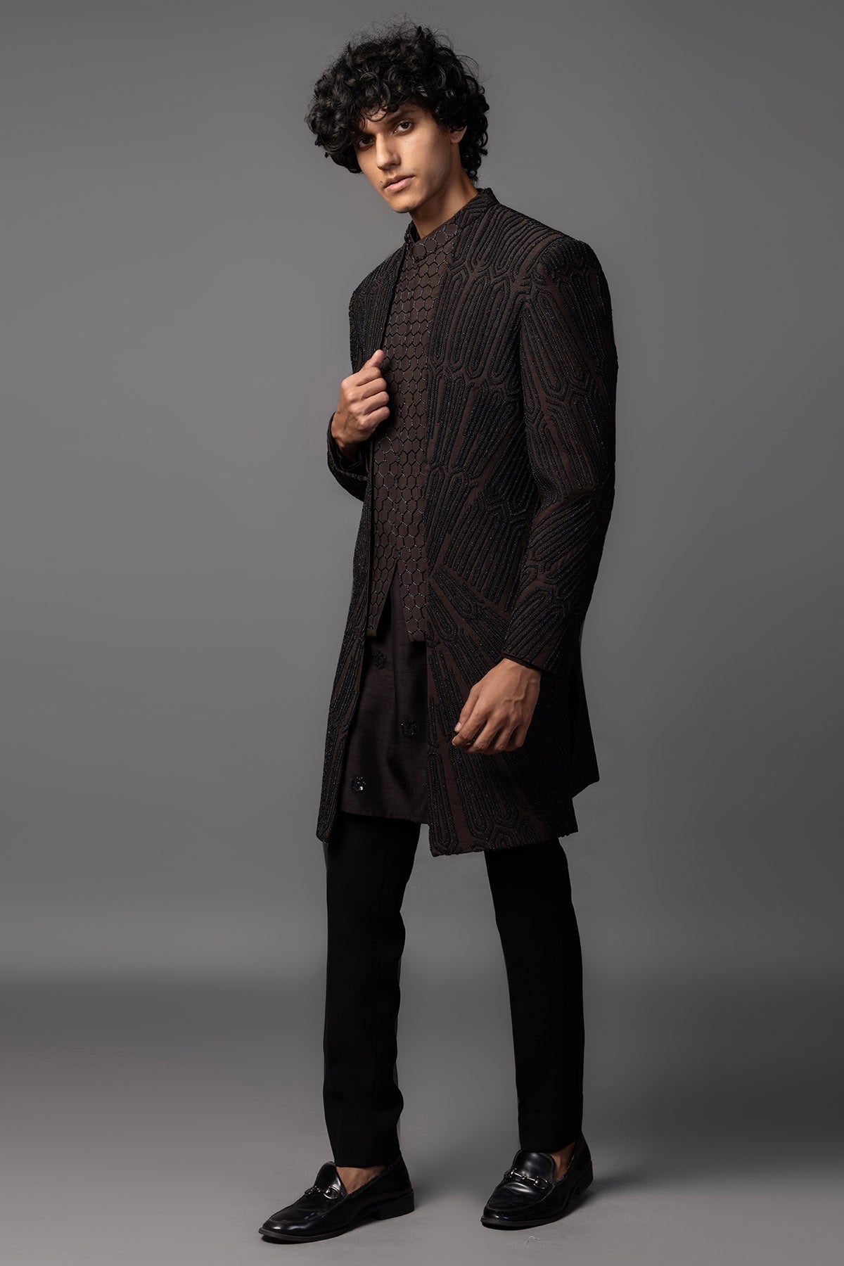 Brown Bamsilk Moti Achkan Set