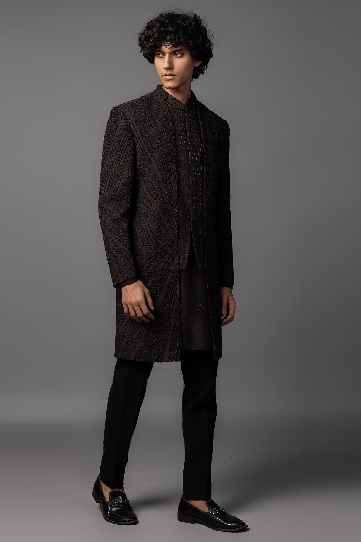 Brown Bamsilk Moti Achkan Set