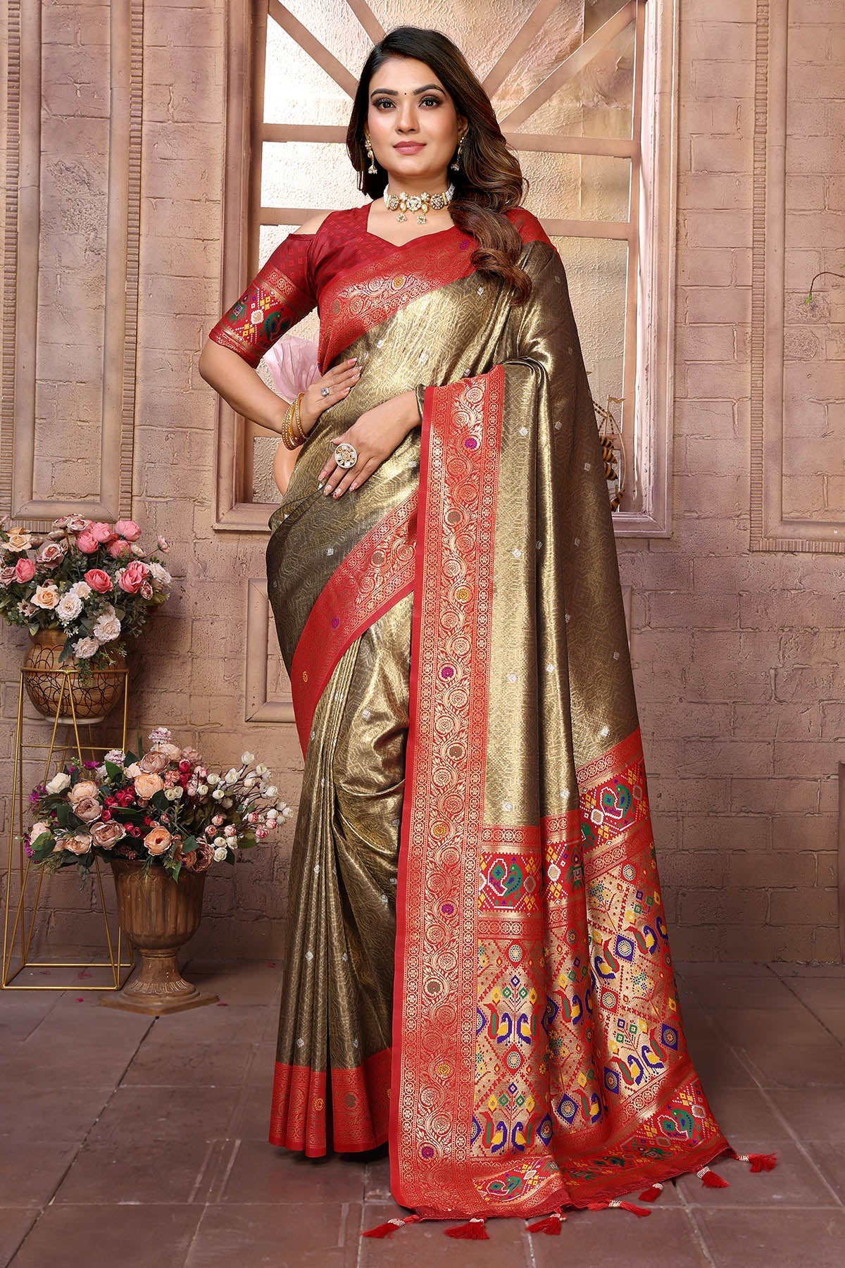 Buy Brown Banarasi Weaving Saree for women by Aastha Fashion online available at scrollnshops