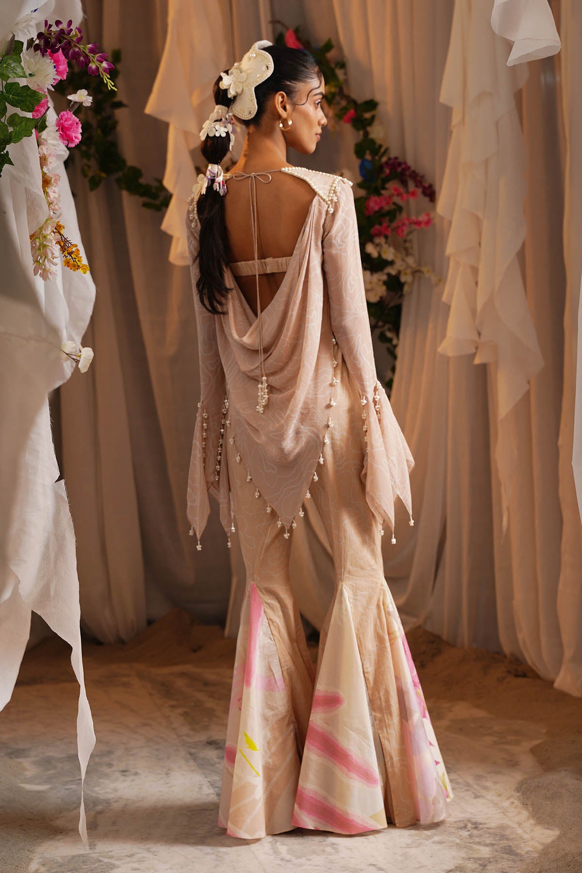 Brown Beads Embroidered Cape Set