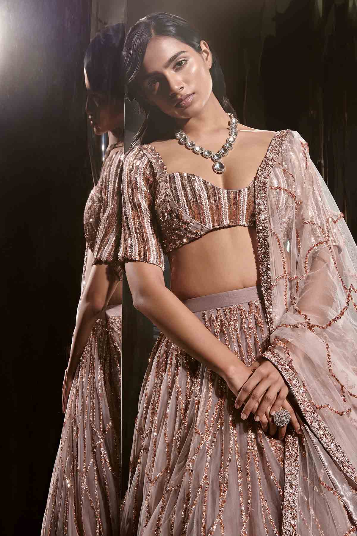 Brown Beads Work Lehenga Set