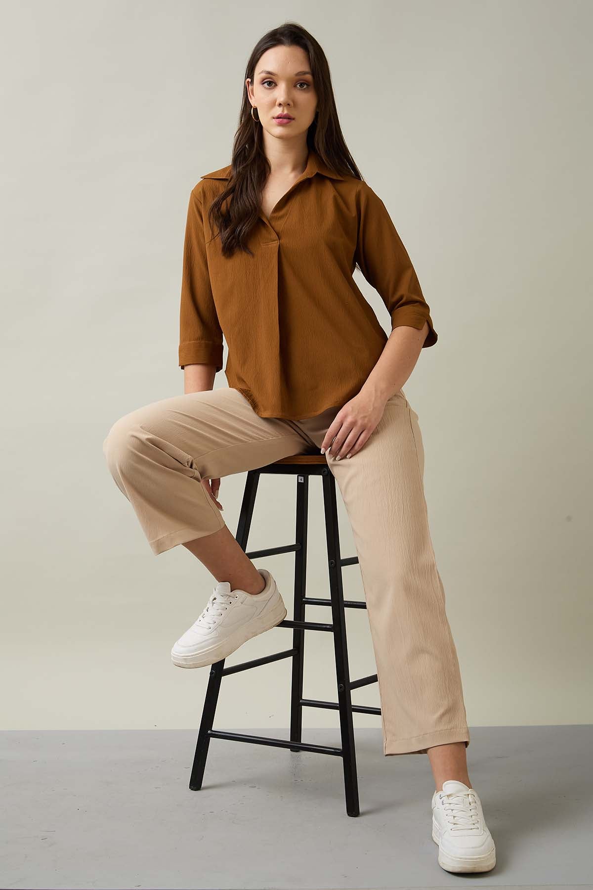 Buy Brown Box Pleated Collared Top by 7teen12 for women online at ScrollnShops