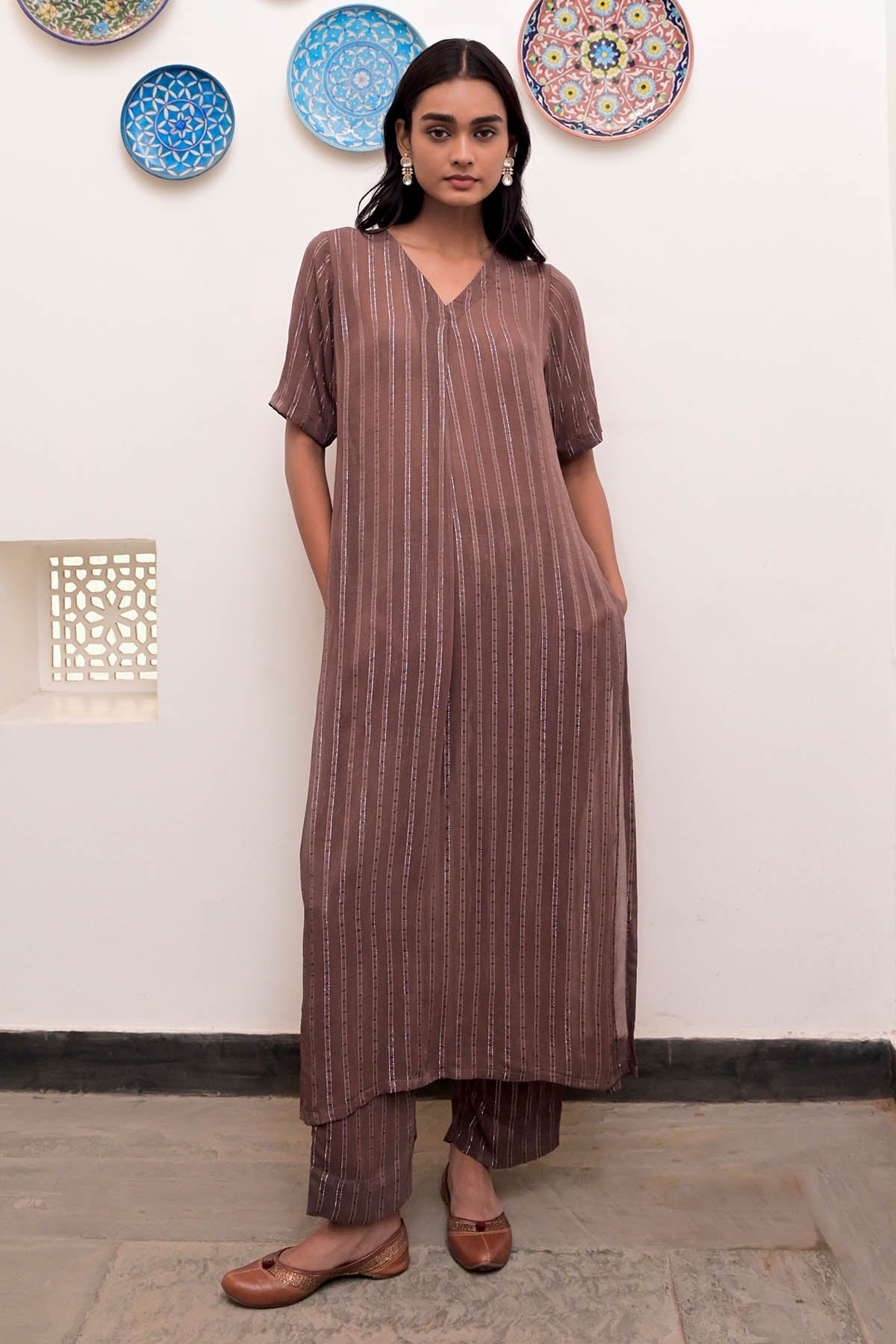 Taro India Brown Box Pleated Tunic & Pants for women online at ScrollnShops