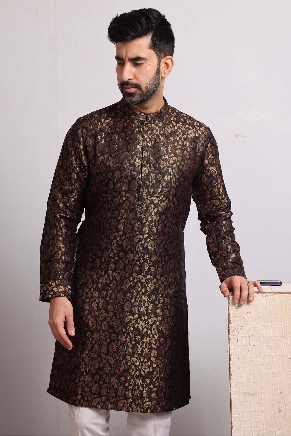 Brown Brocade Silk Blend Kurta