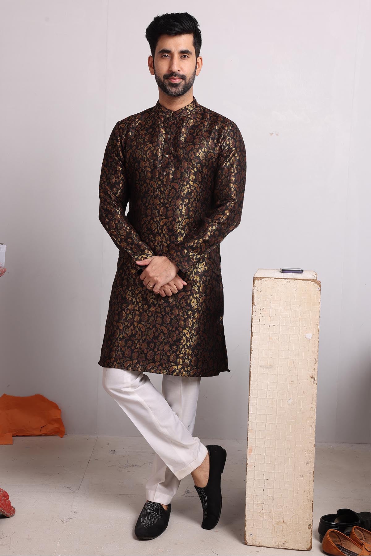Brown Brocade Silk Blend Kurta