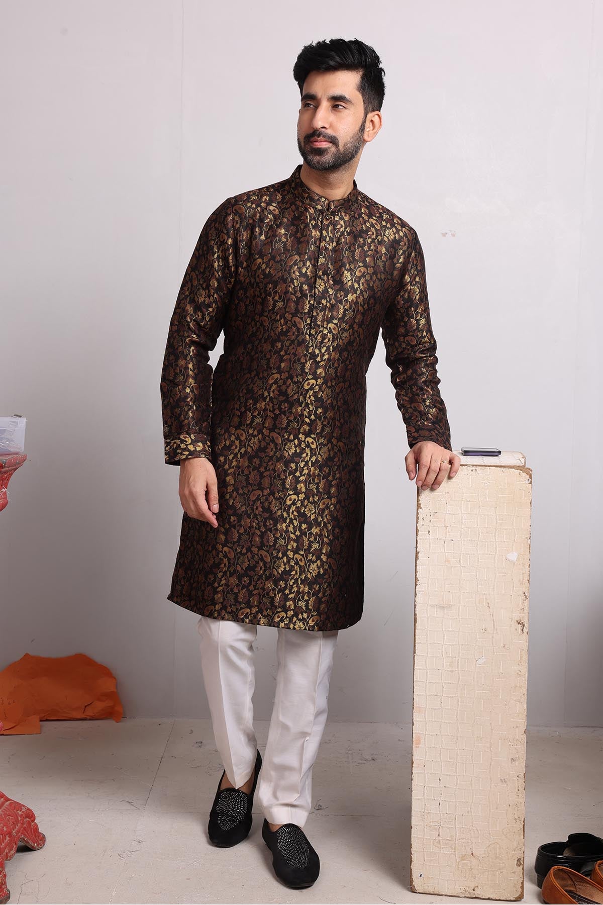 Brown Brocade Silk Blend Kurta