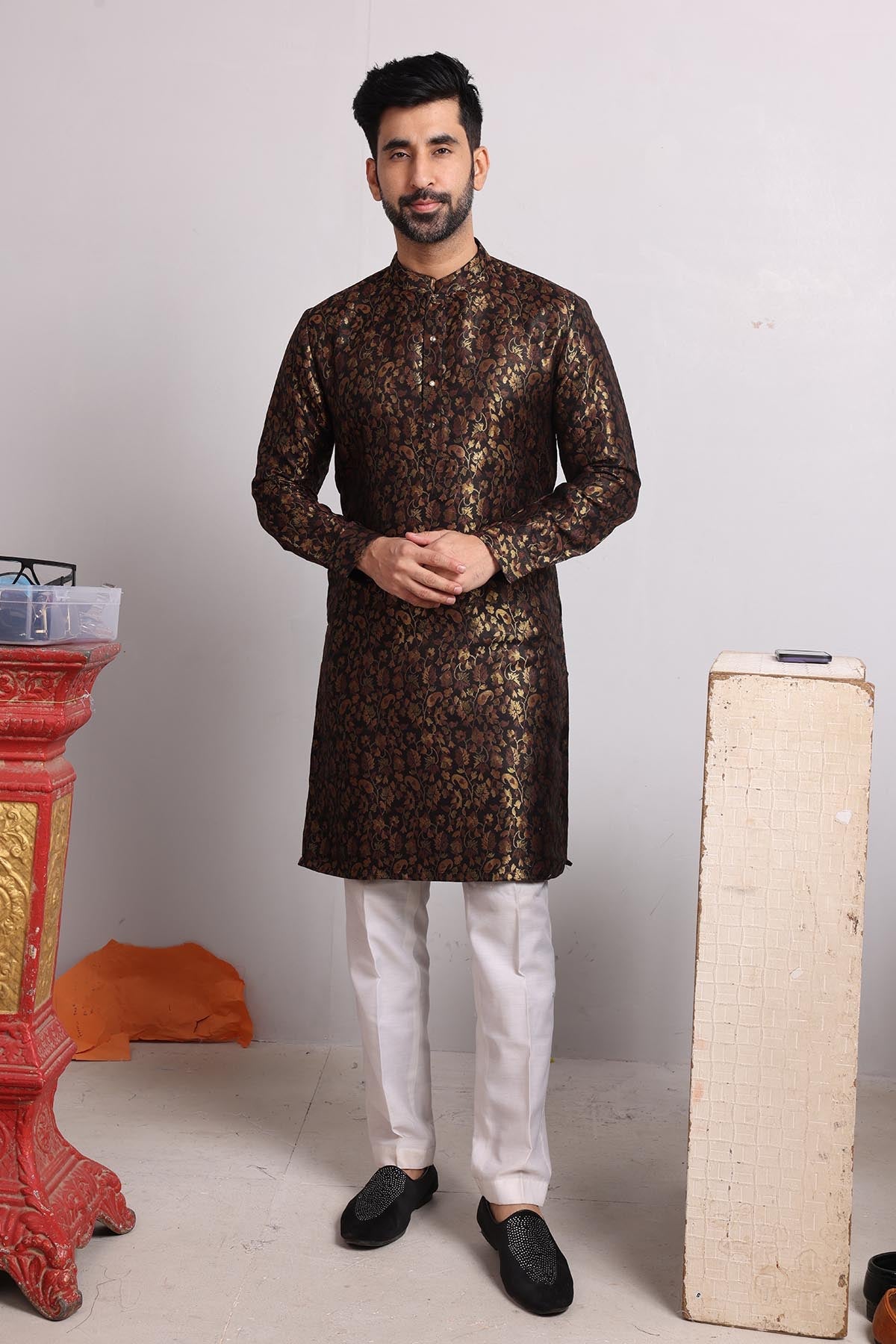 Buy Brown Brocade Silk Blend Kurta by SNEHA B - Men for men online at ScrollnShops