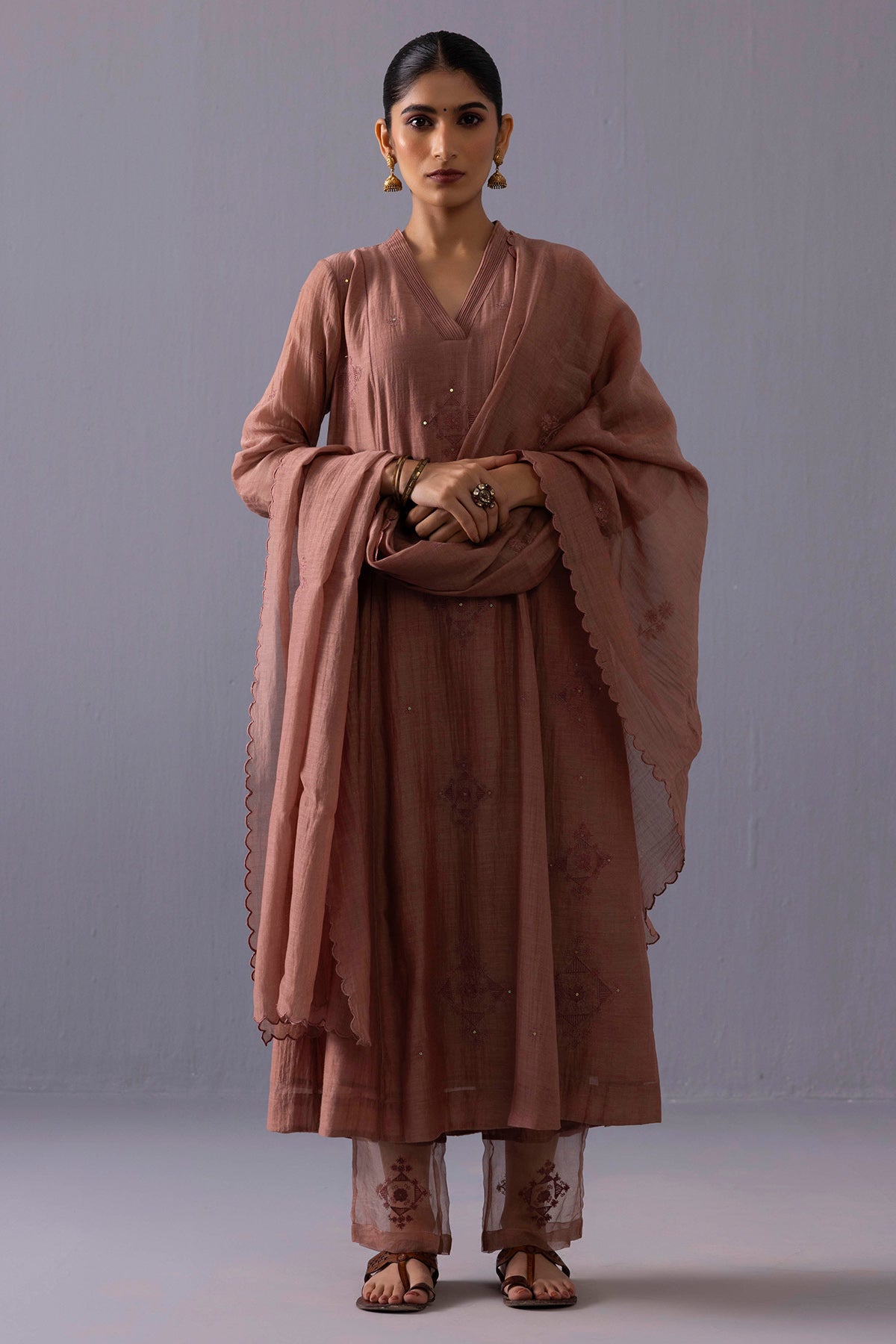 Buy Brown Chanderi Kurta And Pants for women online available at ScrollnShops