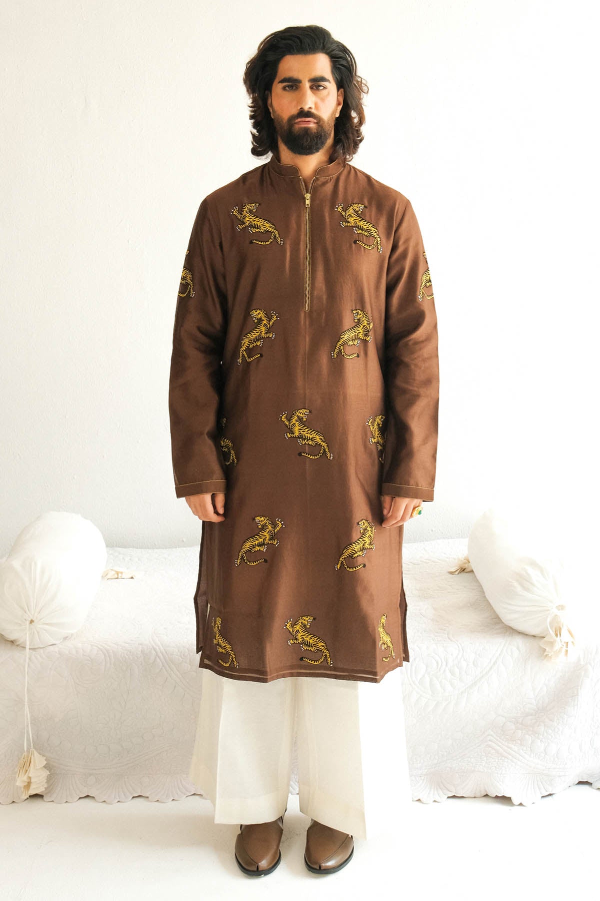 WABI SABI Brown Chanderi Kurta & Pyjama for men online at ScrollnShops