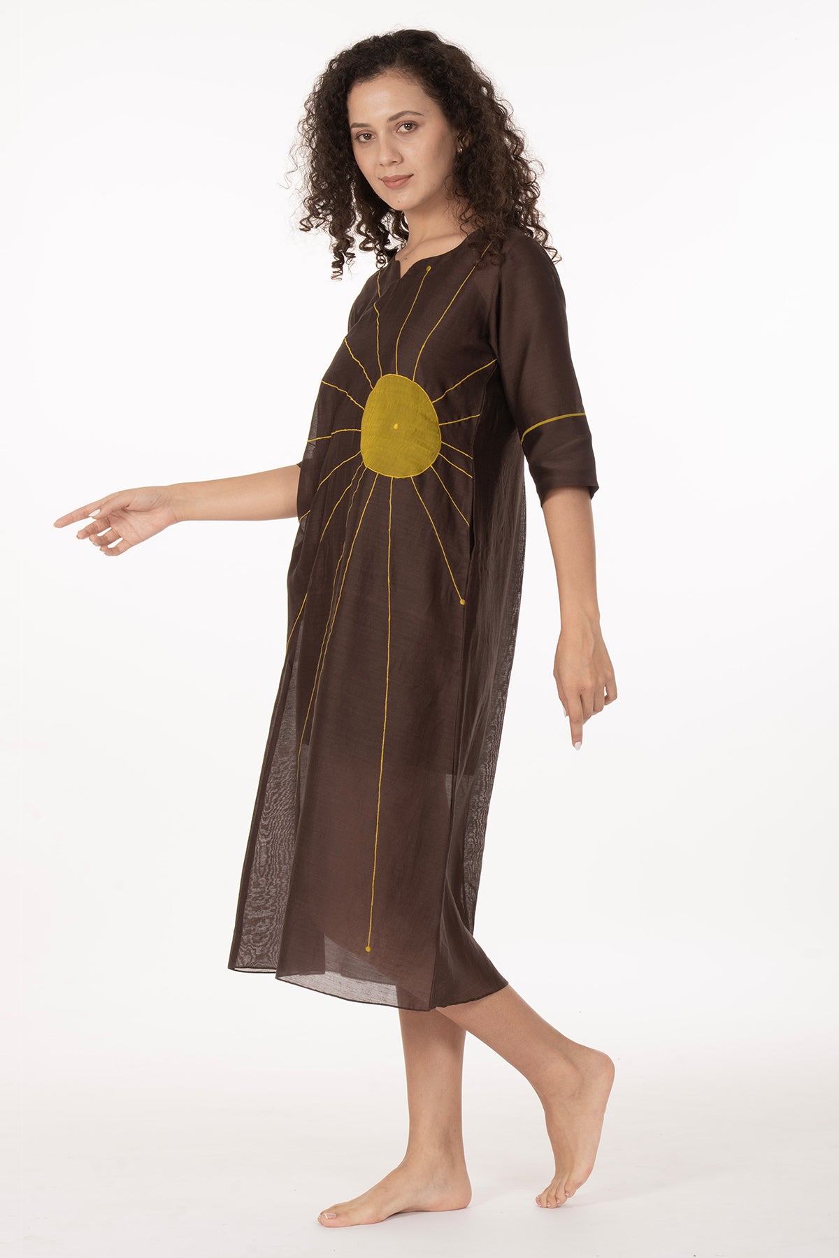 Brown Chanderi Threaded Dress