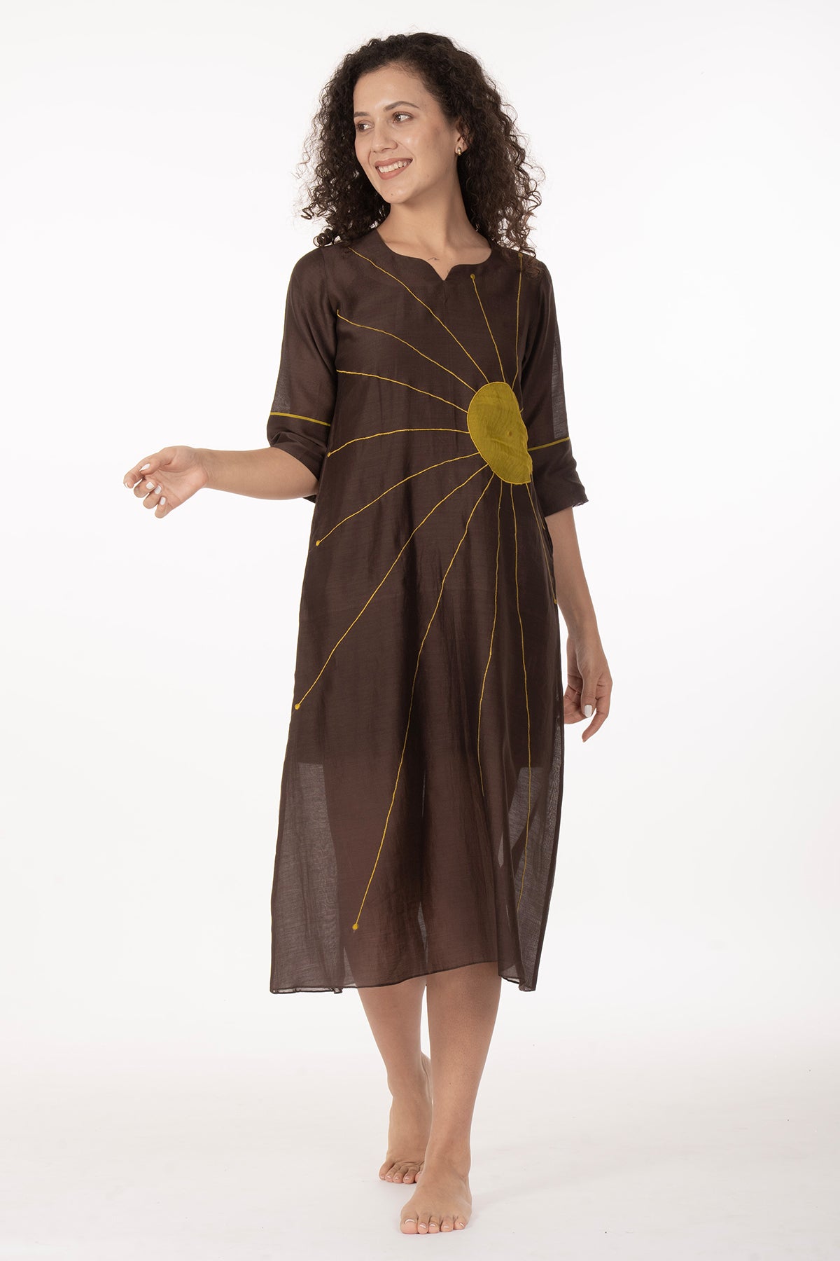 Brown Chanderi Threaded Dress