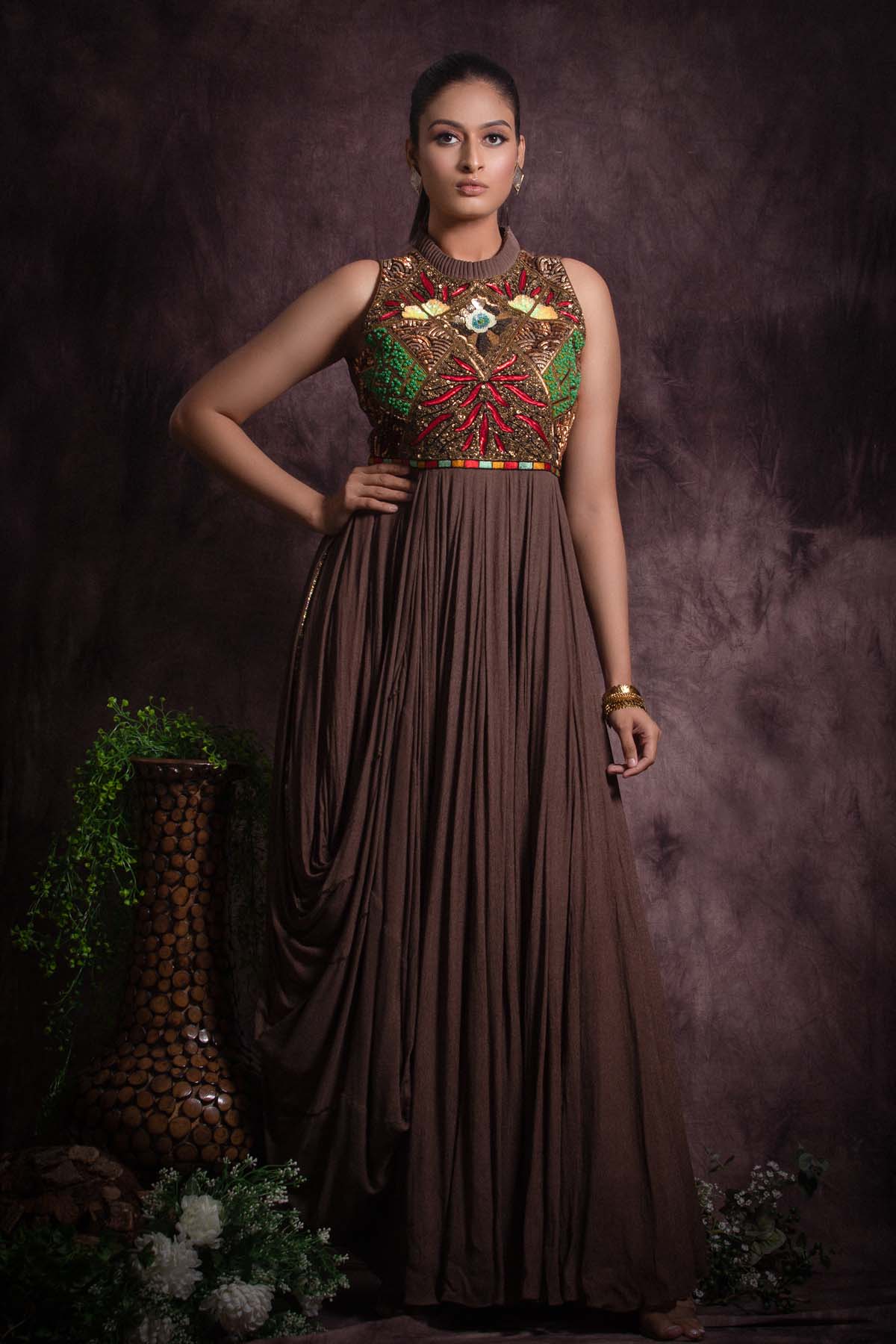 Brown Chinon Cowl Gown at ScrollnShops