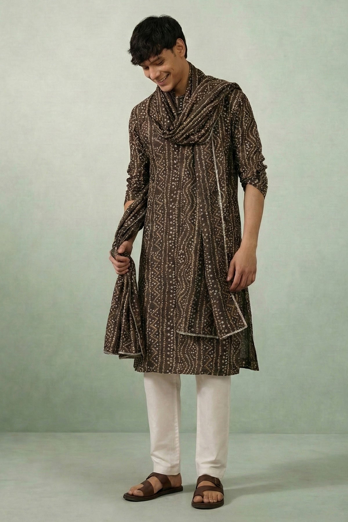 Brown Cotton Bandhani Kurta Set