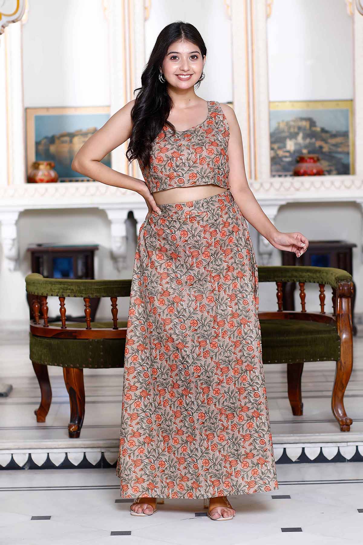 Brown Cotton Crop Top & Skirt