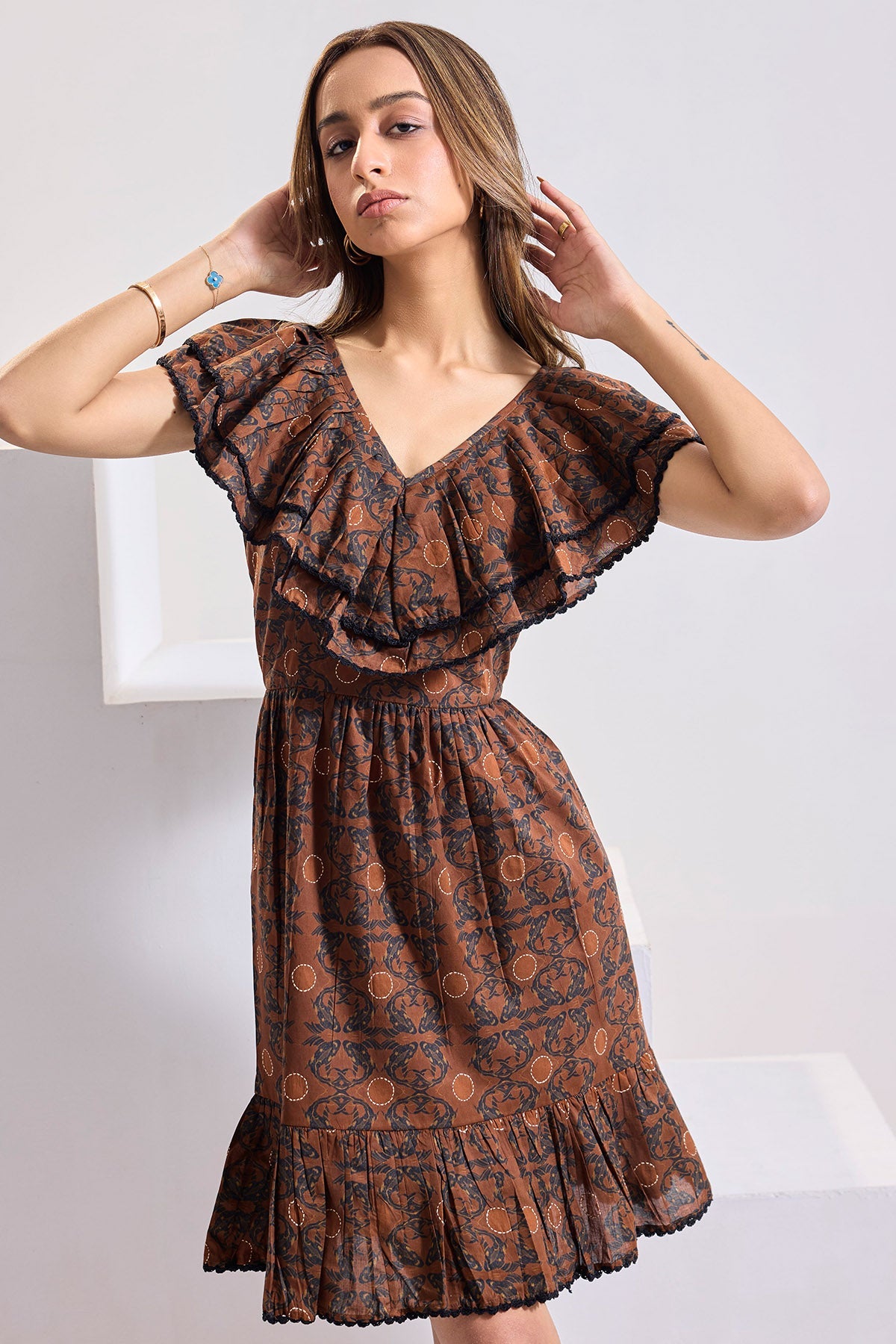 Buy Brown Cotton Printed Midi Dress for Women by 97 Motifs Designer online available at scrollnshops