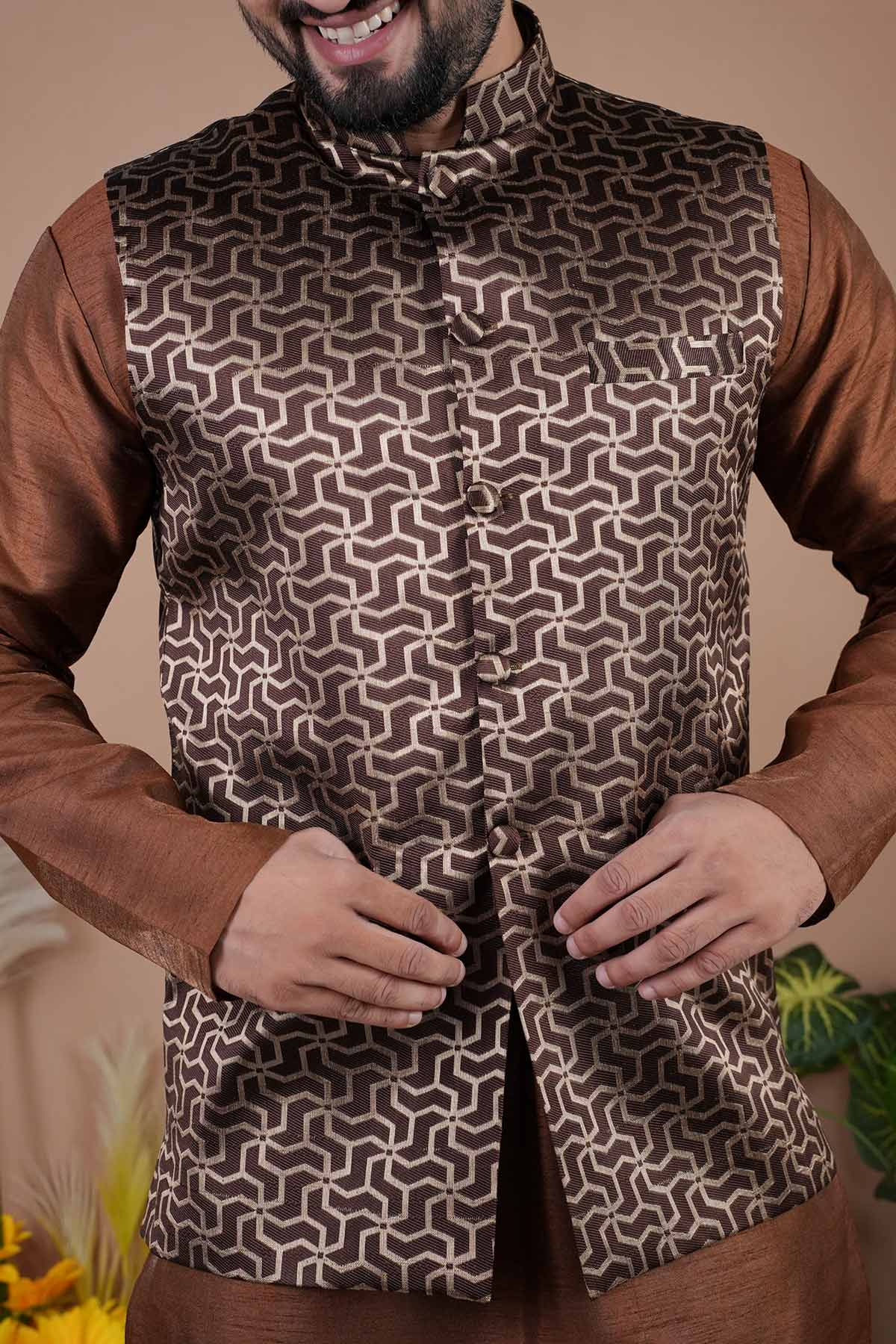 Brown Cotton Silk Bundi Jacket