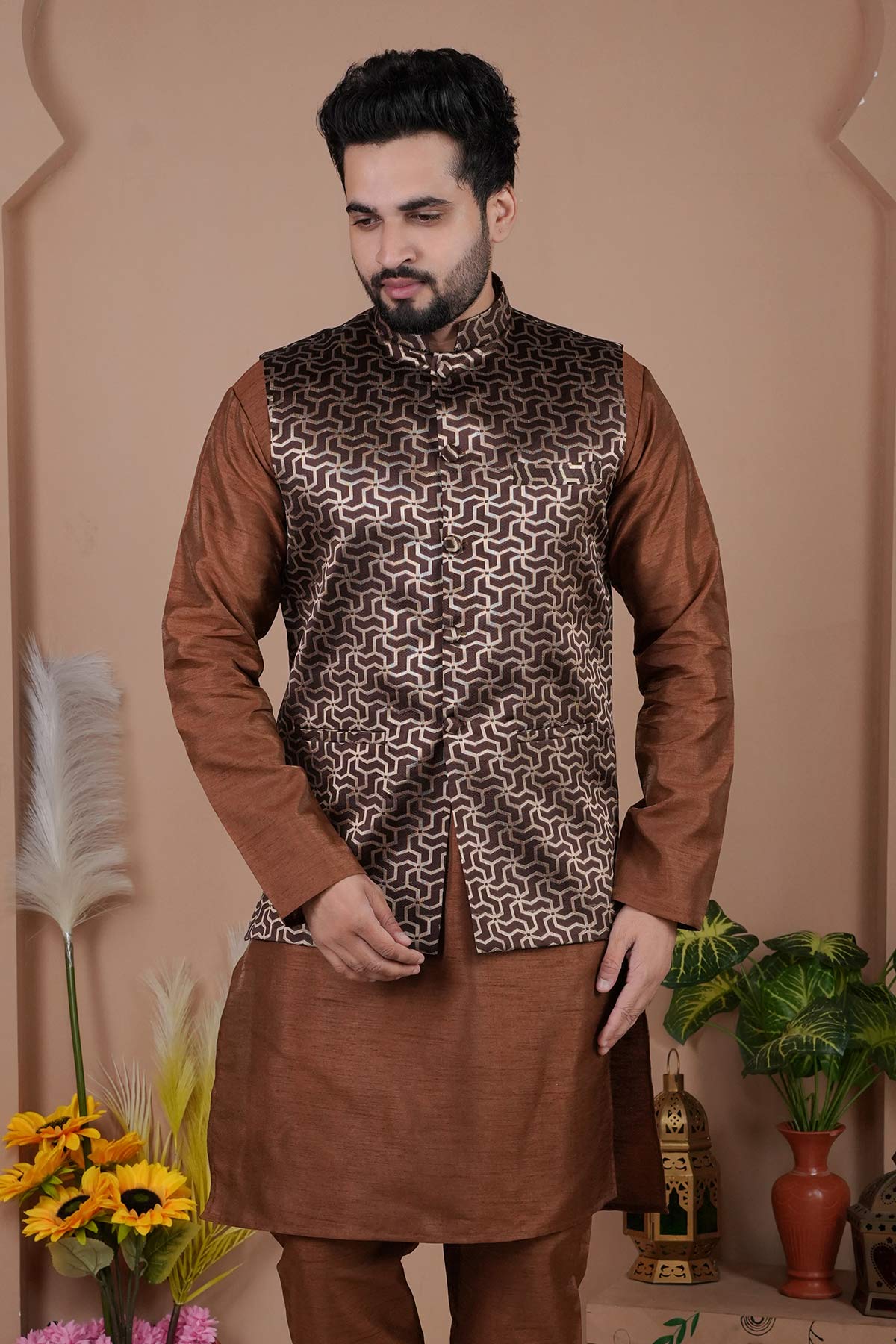 Buy Brown Cotton Silk Bundi Jacket for men by Aastha Fashion online available at scrollnshops