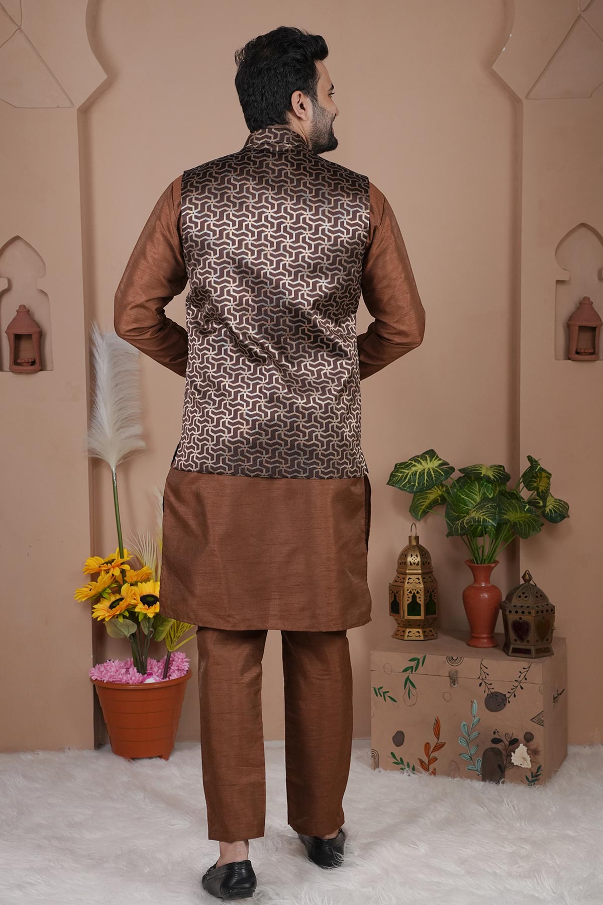 Brown Cotton Silk Bundi Jacket