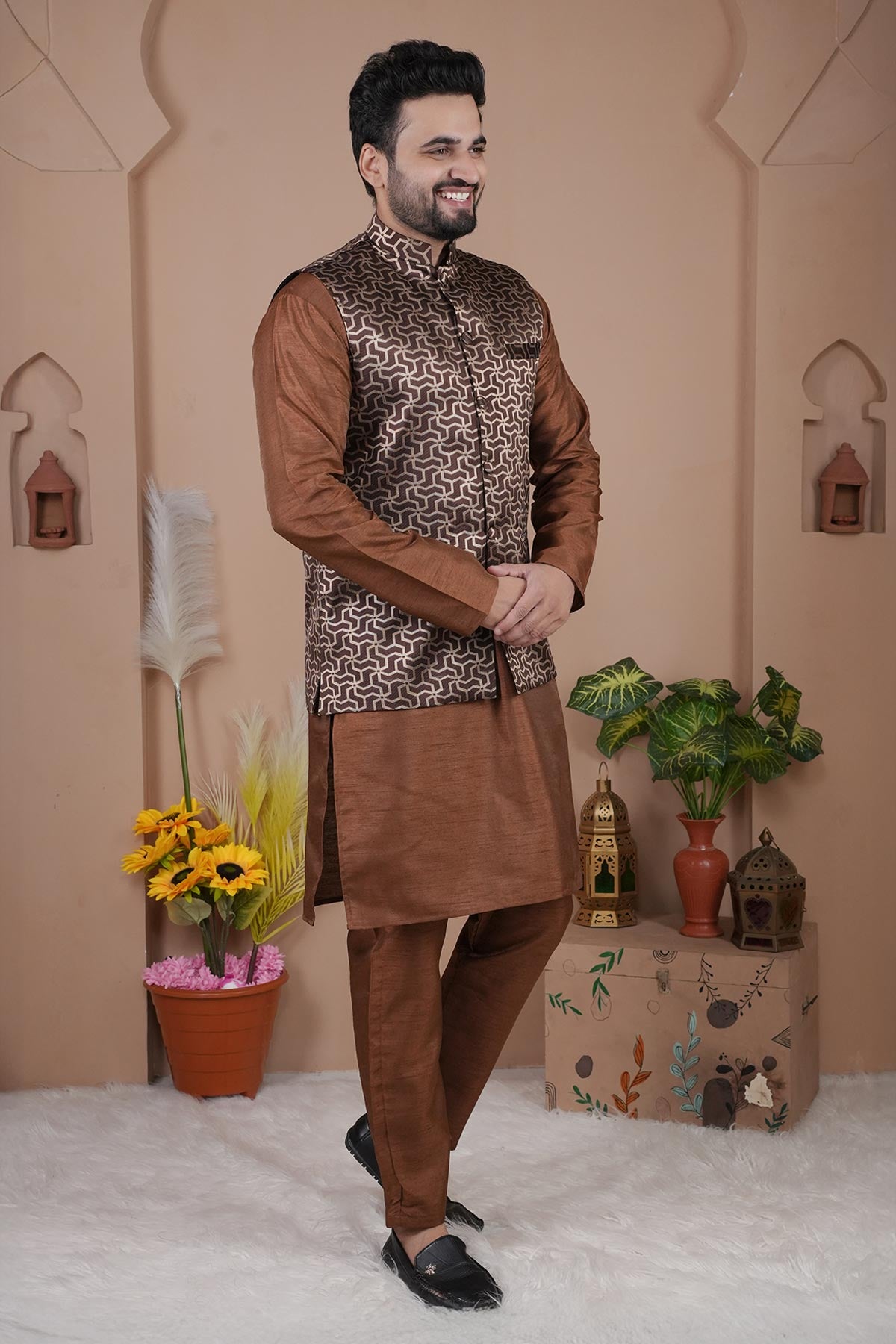 Brown Cotton Silk Bundi Jacket