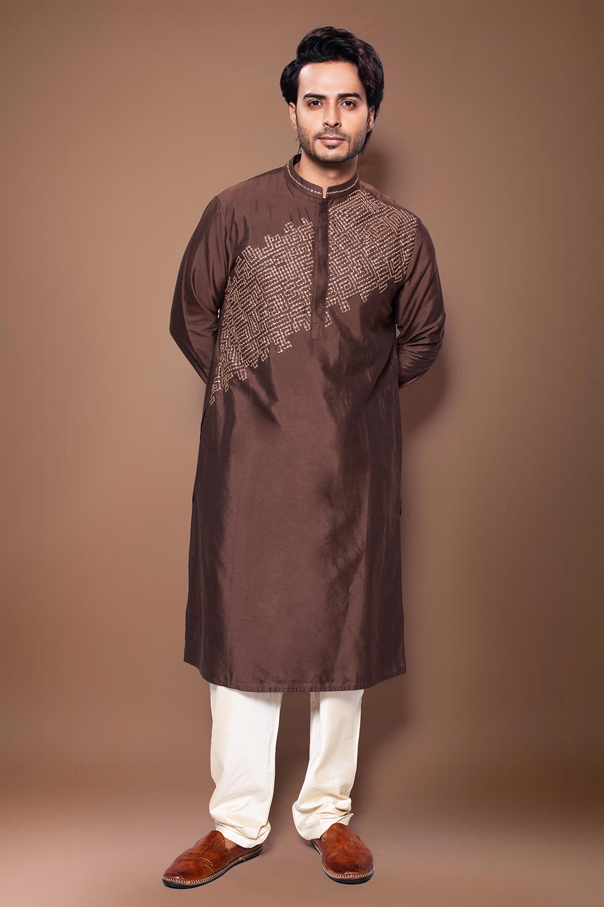 Buy Cotton Silk Brown Kurta & Pants for men by Priyanka Haralalka online available at scrollnshops